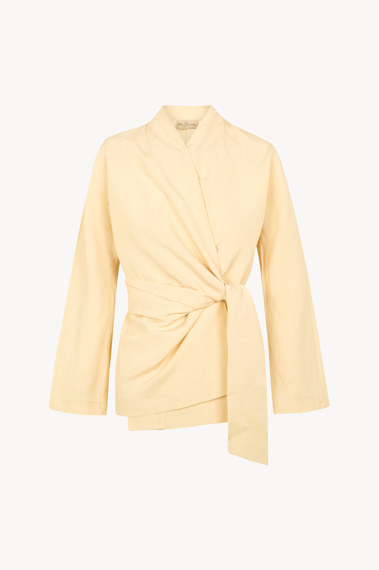 Simona, beige mares wrap jacket in linen and silk