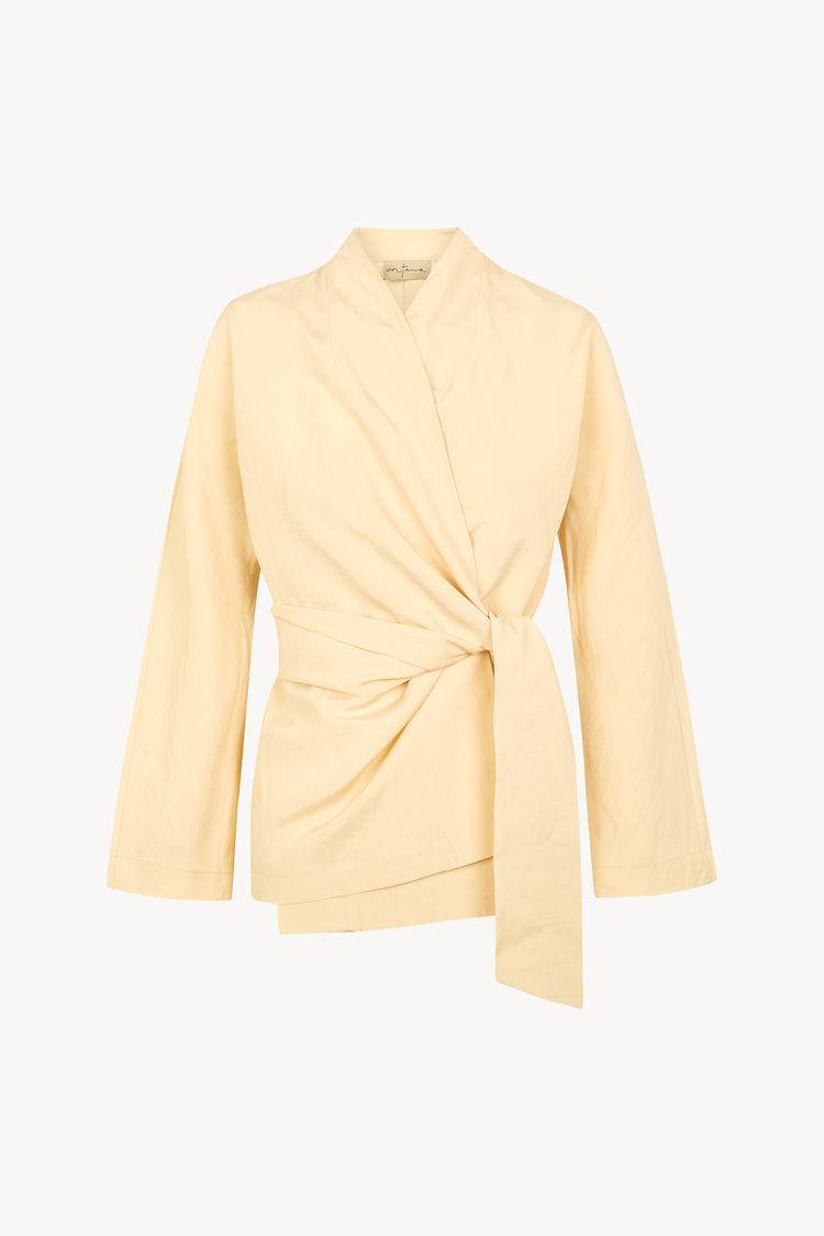 Simona, chaqueta envolvente de lino y seda beige mares