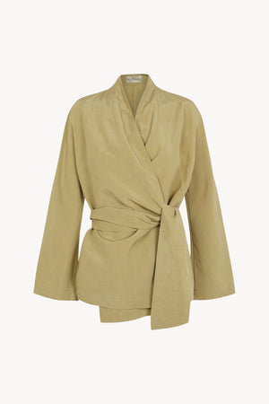 Simona, matte khaki wrap jacket in linen and silk