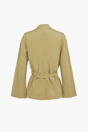 Simona, matte khaki wrap jacket in linen and silk