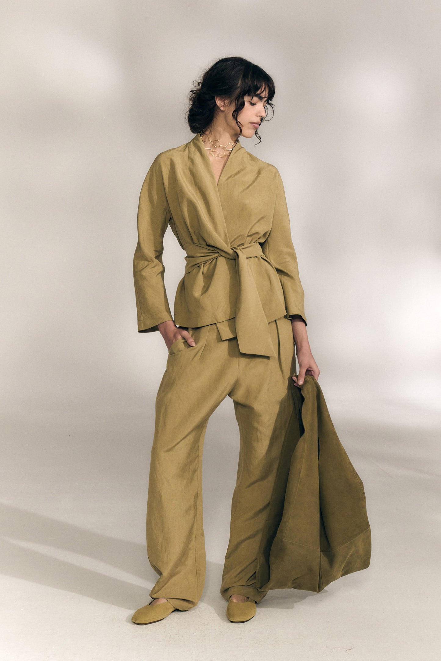 Mel, matte khaki linen and silk pants