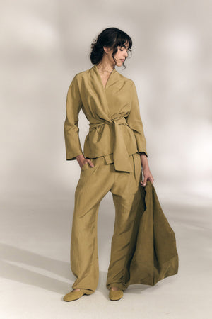 Mel, matte khaki linen and silk pants