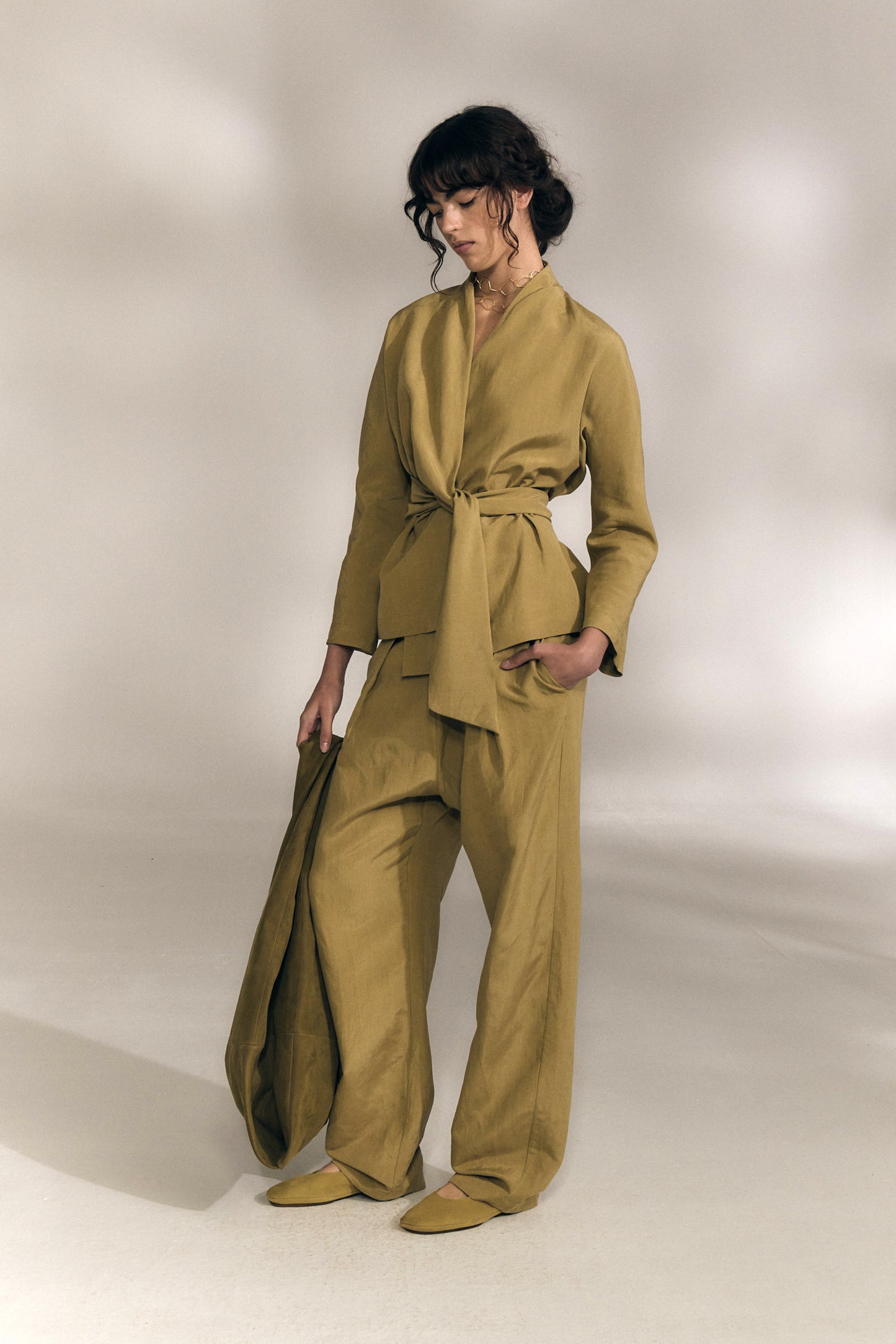 Mel, matte khaki linen and silk pants