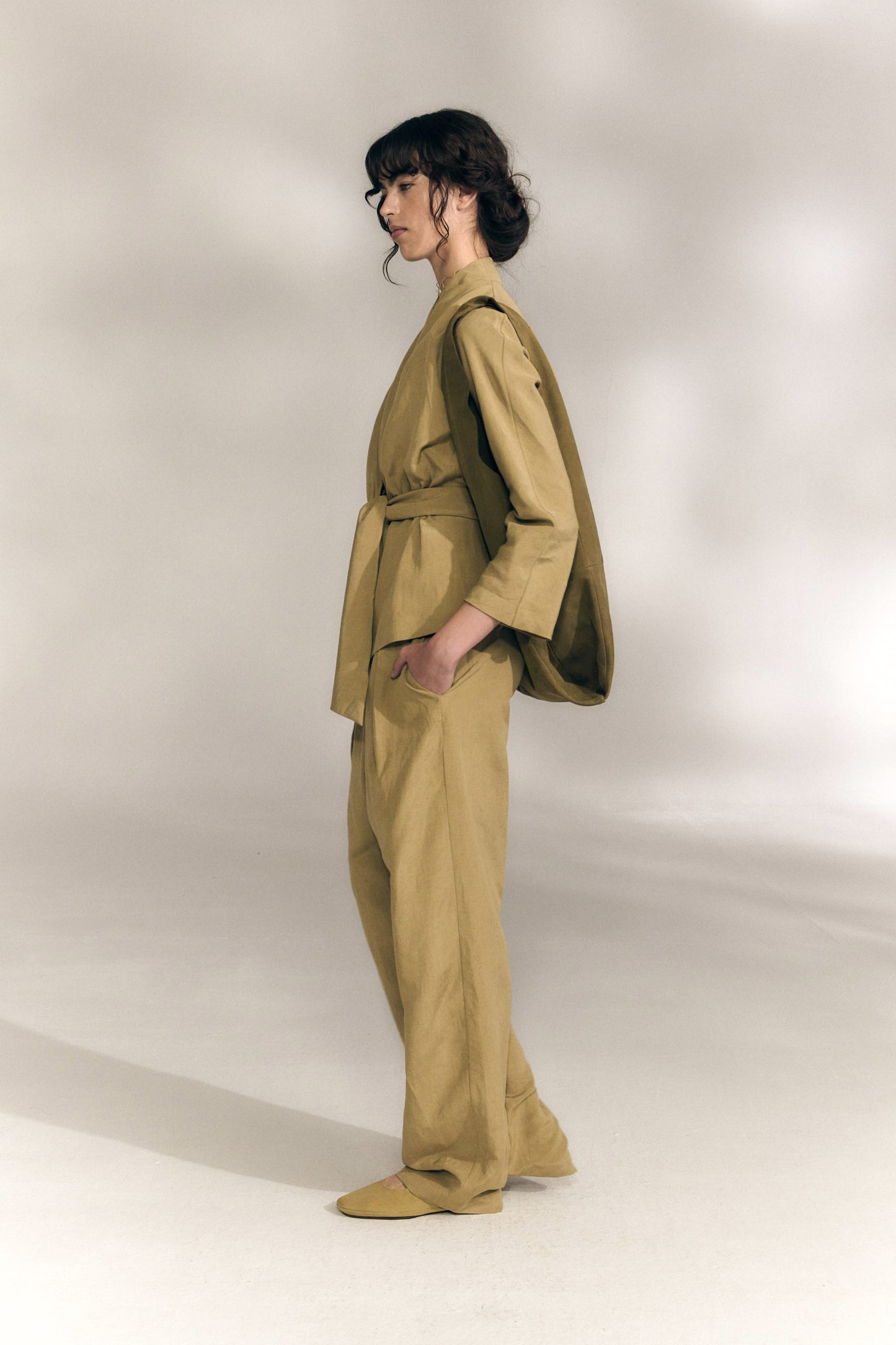 Mel, matte khaki linen and silk pants