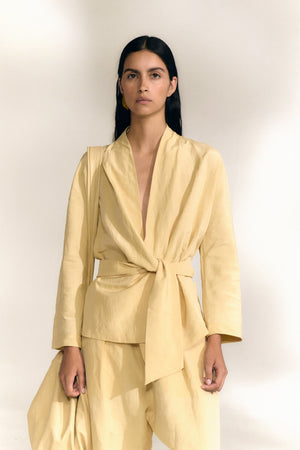 Simona, beige mares wrap jacket in linen and silk