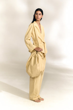 Simona, beige mares wrap jacket in linen and silk