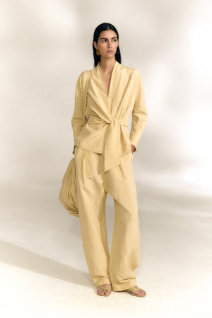 Simona, beige mares wrap jacket in linen and silk