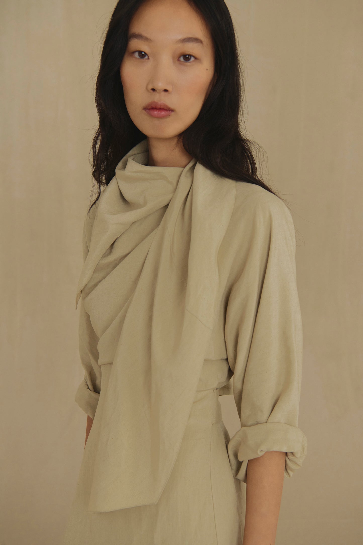 Sofia, stone linen and silk dress