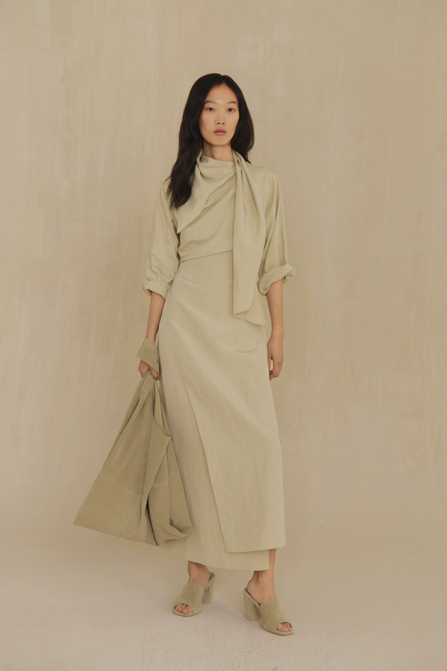 Sofia, stone linen and silk dress