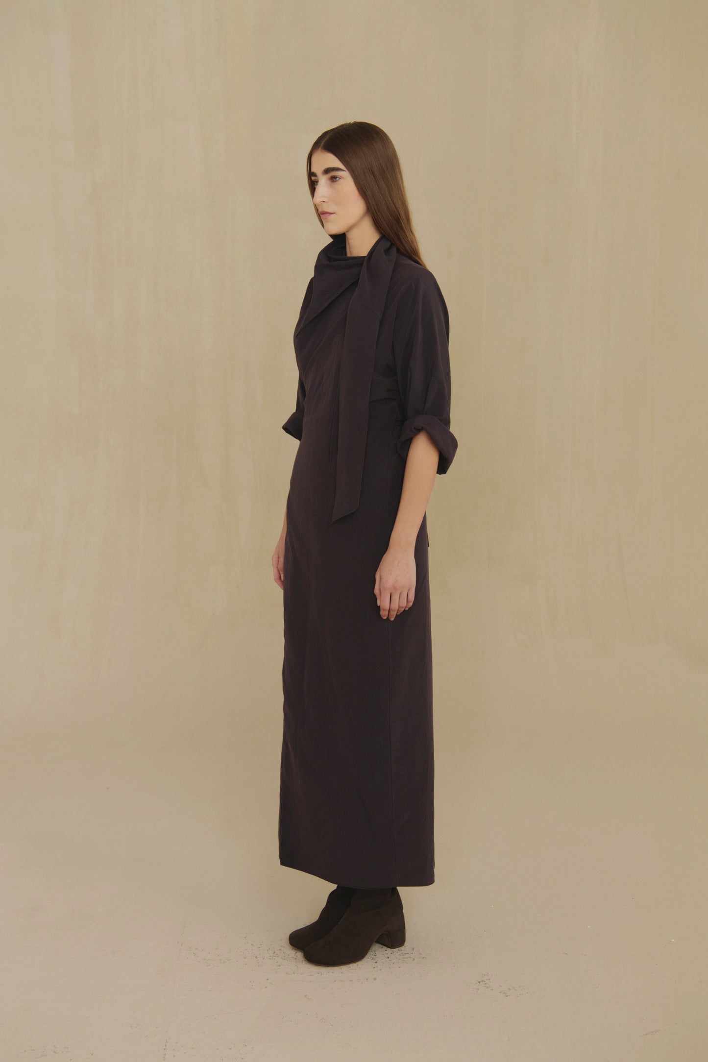 Sofia, mocha linen and silk dress