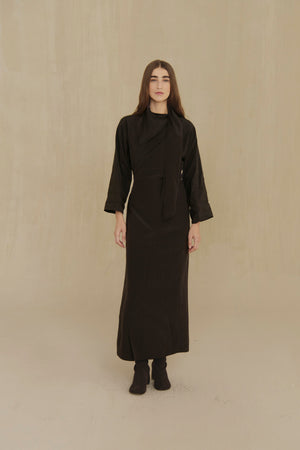 Sofia, mocha linen and silk dress