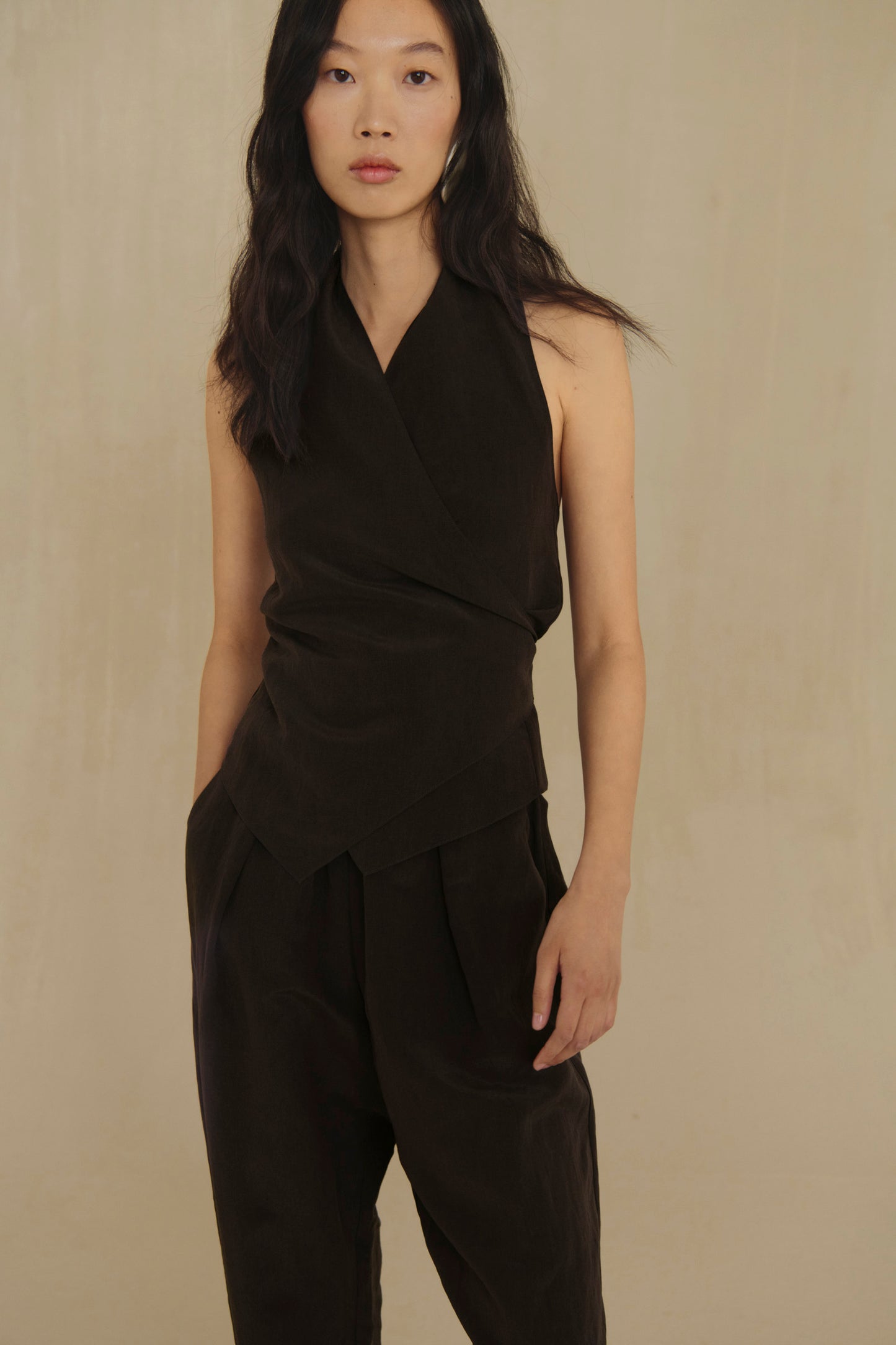 Sofia, mocha linen and silk halter top