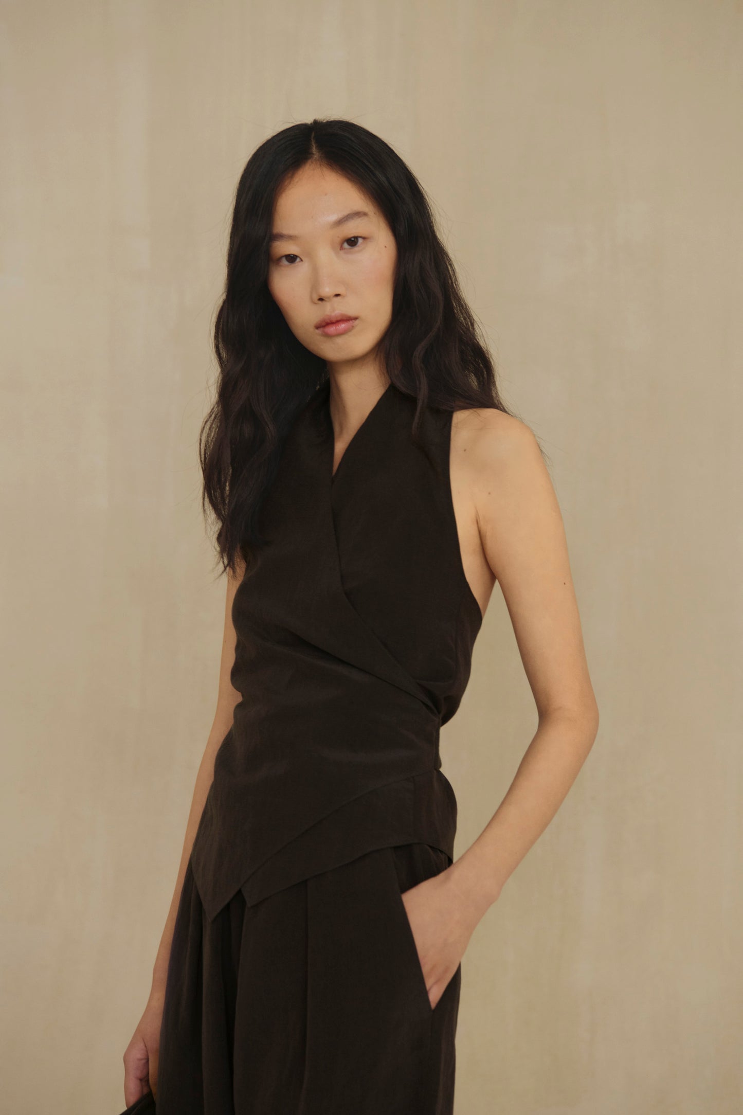 Sofia, mocha linen and silk halter top