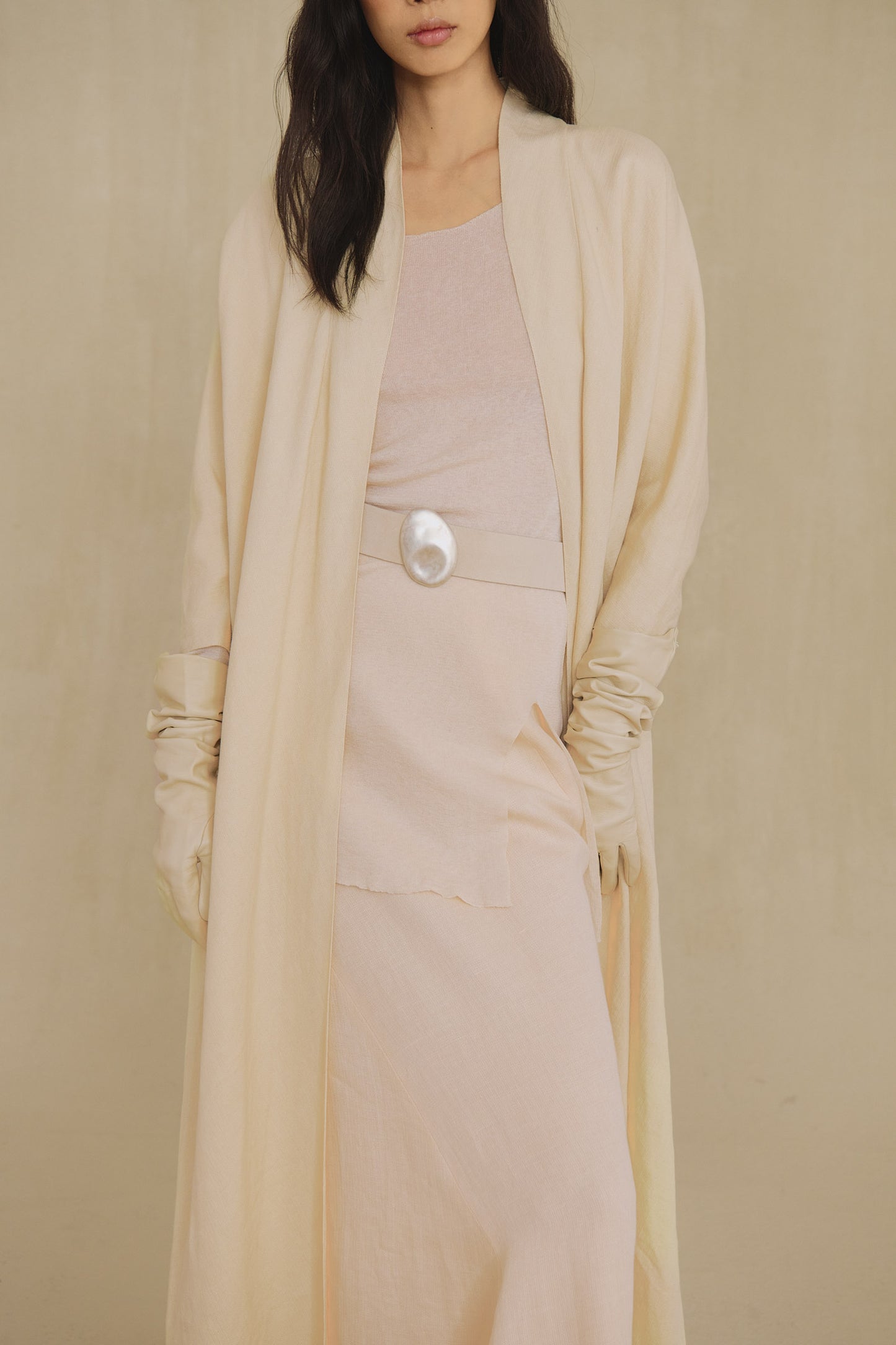 Solar, sand wool and linen long jacket
