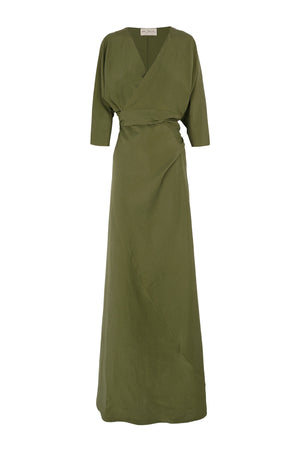 Tanami, long dress in jungle green linen and silk