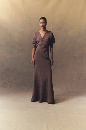 Tanami, long dress in lilac linen and silk
