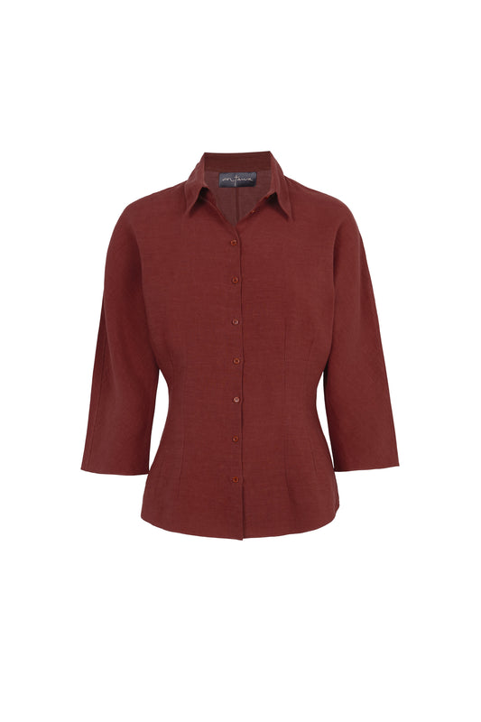 Theresa, red linen shirt