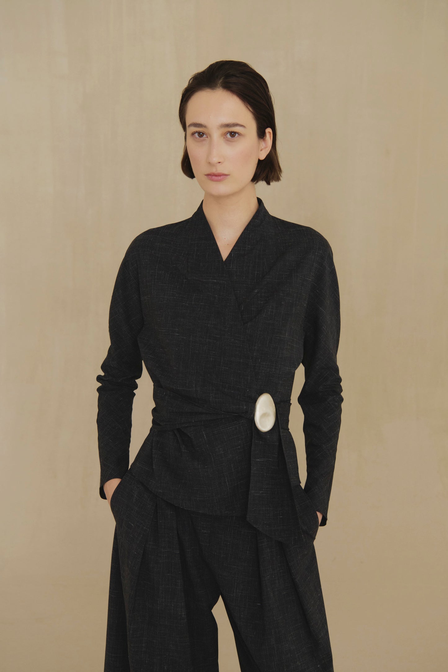 Tiempo, black fitted wool and silk jacket