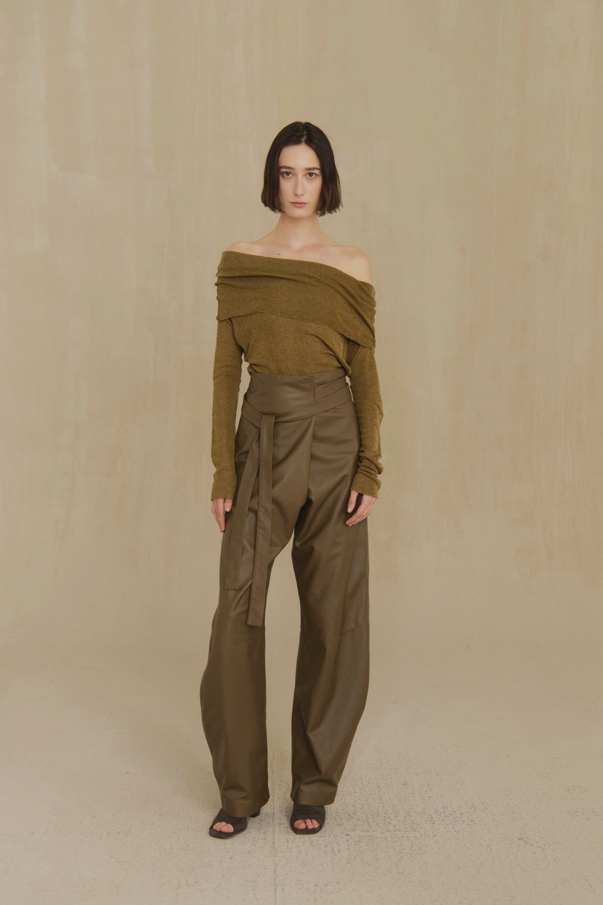Tiva, khaki draped knit top