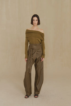 Tiva, khaki draped knit top