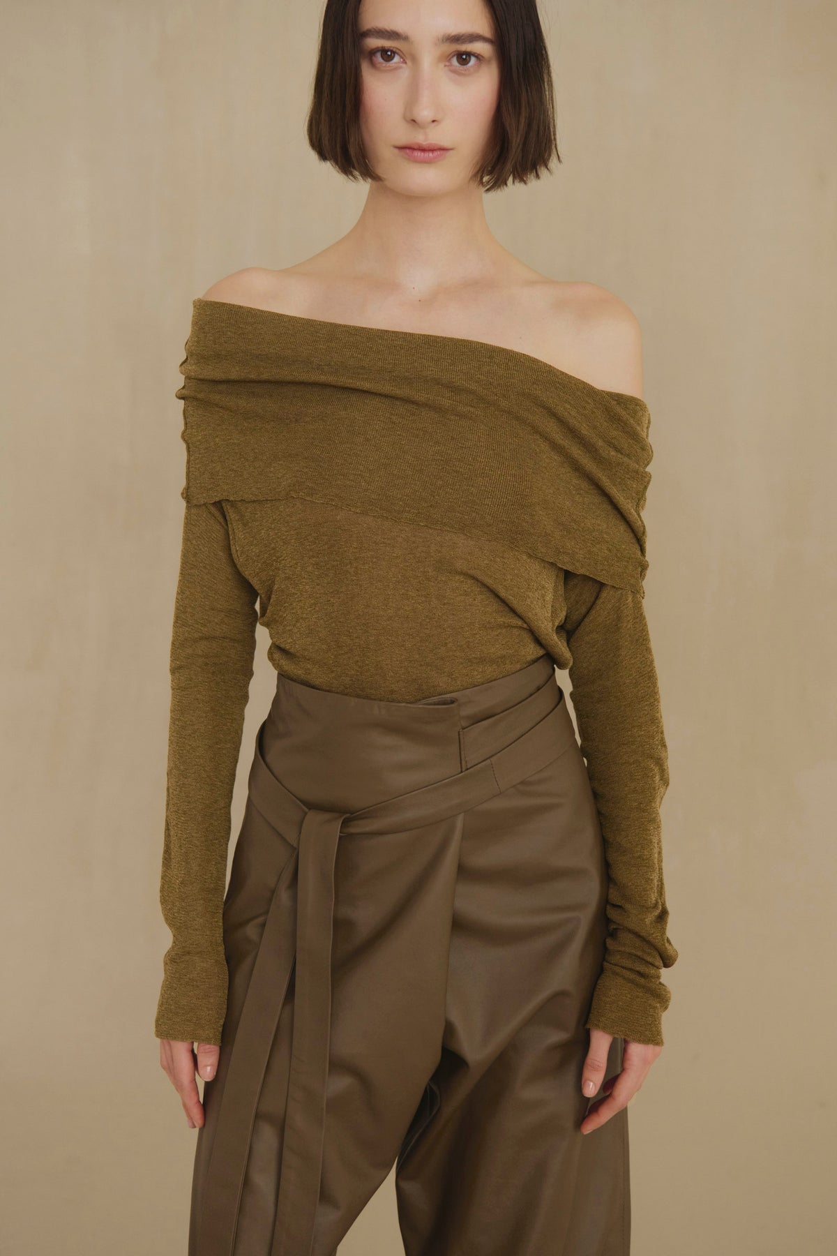 Tiva, khaki draped knit top