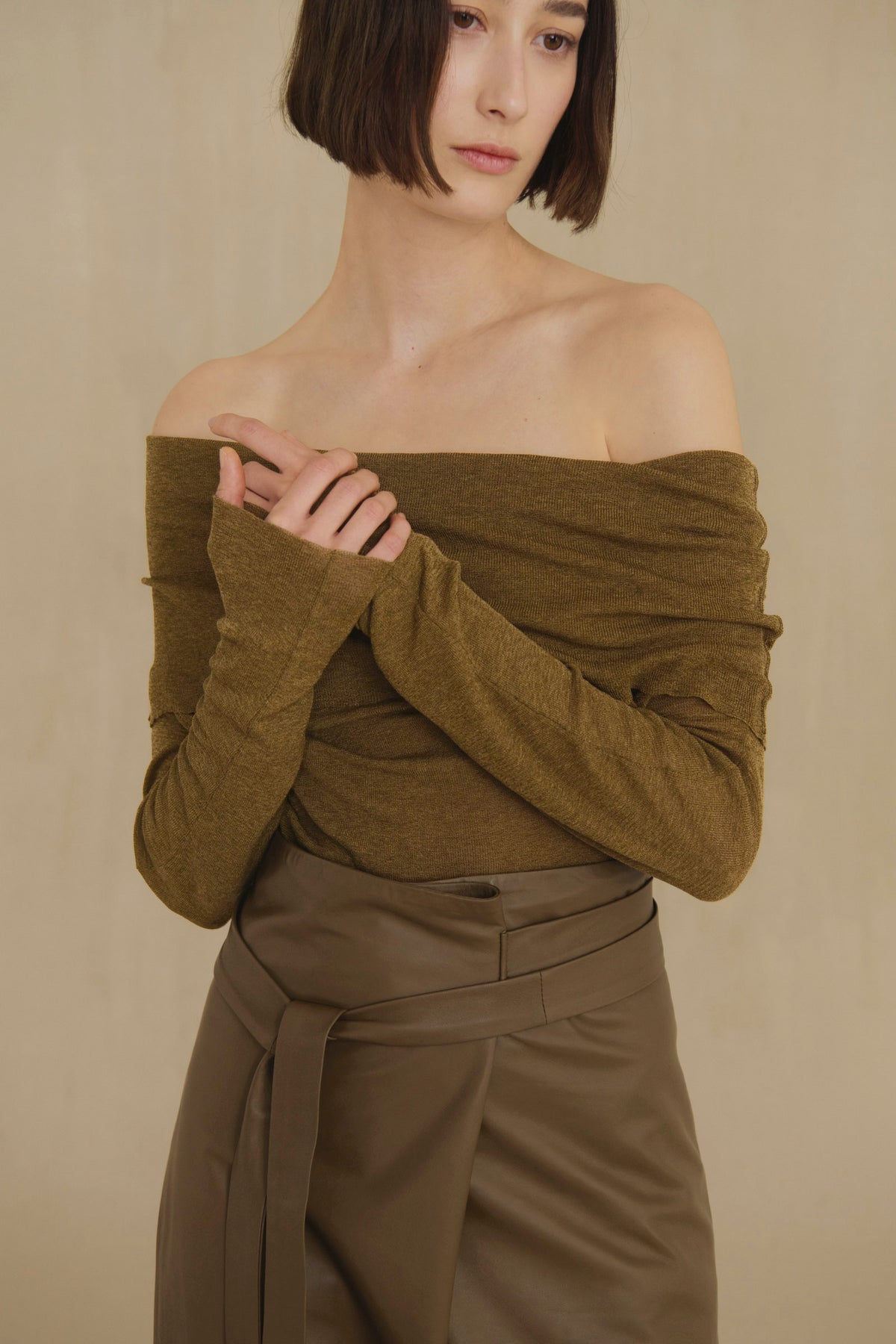 Tiva, khaki draped knit top