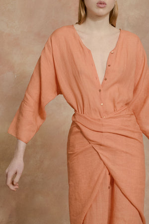 Tramonto, tangerine ramie midi dress