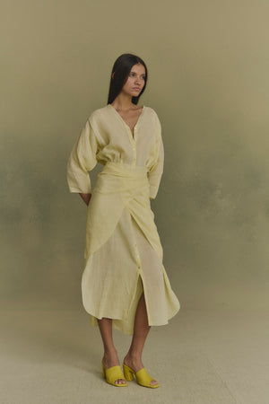 Tramonto, pale yellow ramie midi dress