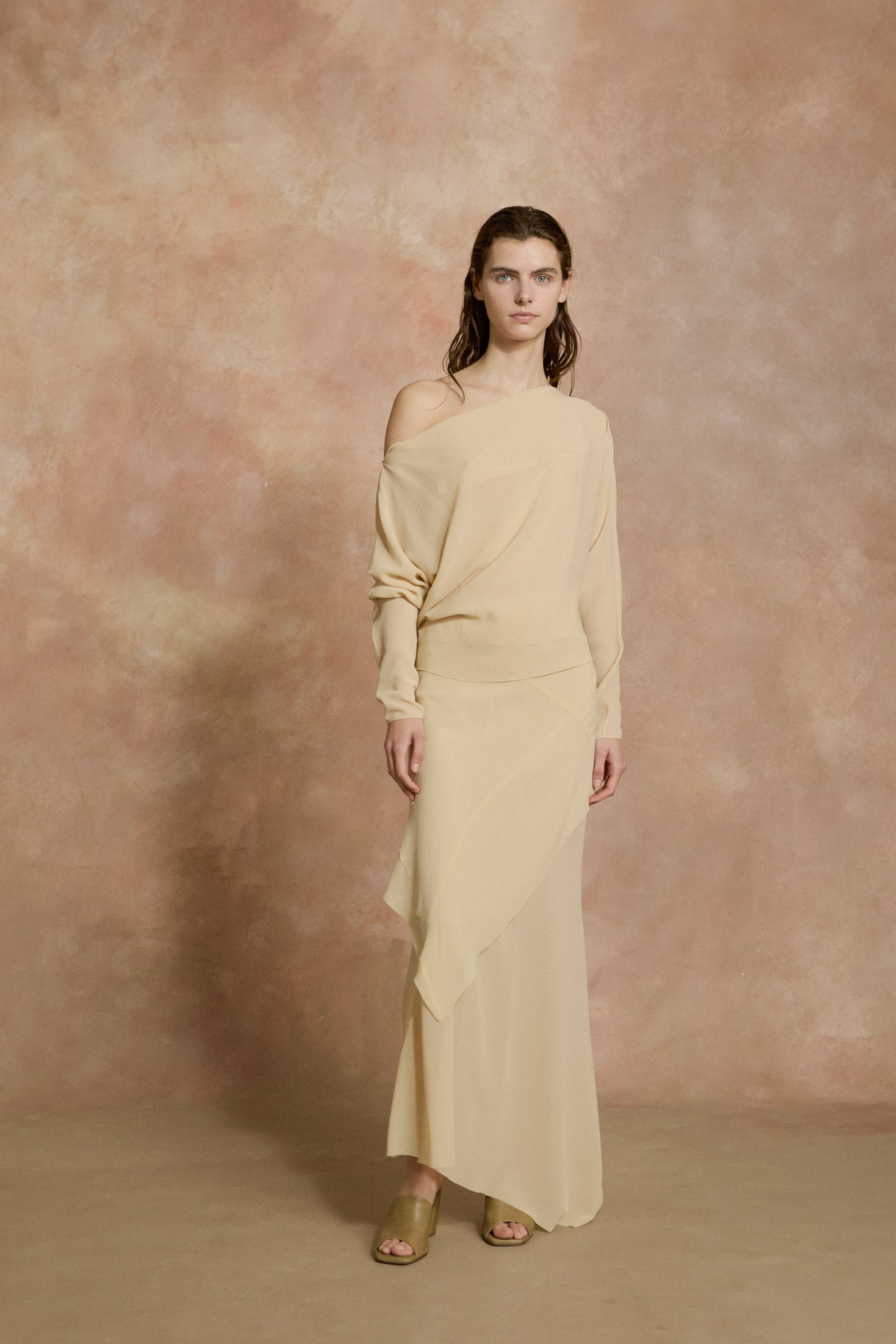 Dora, long skirt in beige silk georgette