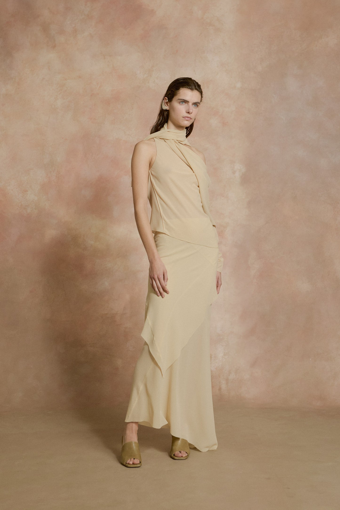 Dora, long skirt in beige silk georgette