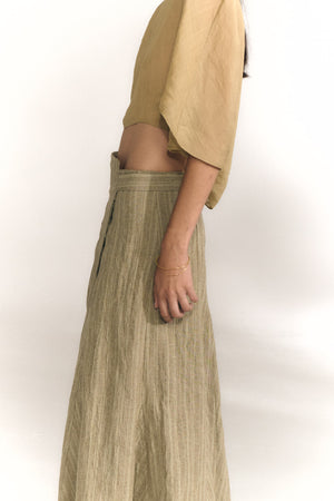 Nilo, falda larga envolvente de lino a rayas gris verde