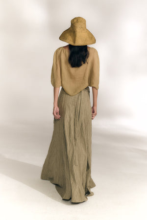 Nilo, falda larga envolvente de lino a rayas gris verde