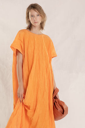 Paper, tangerine dress in linen and silk