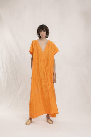 Paper, vestido largo en lino y seda mandarina