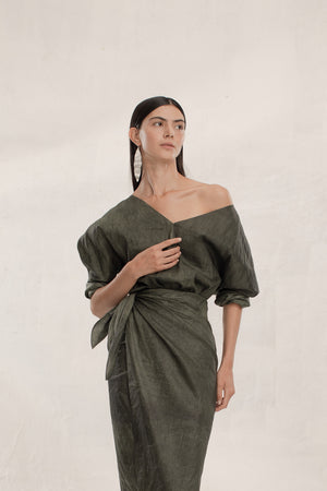 Papiro, green linen and silk top